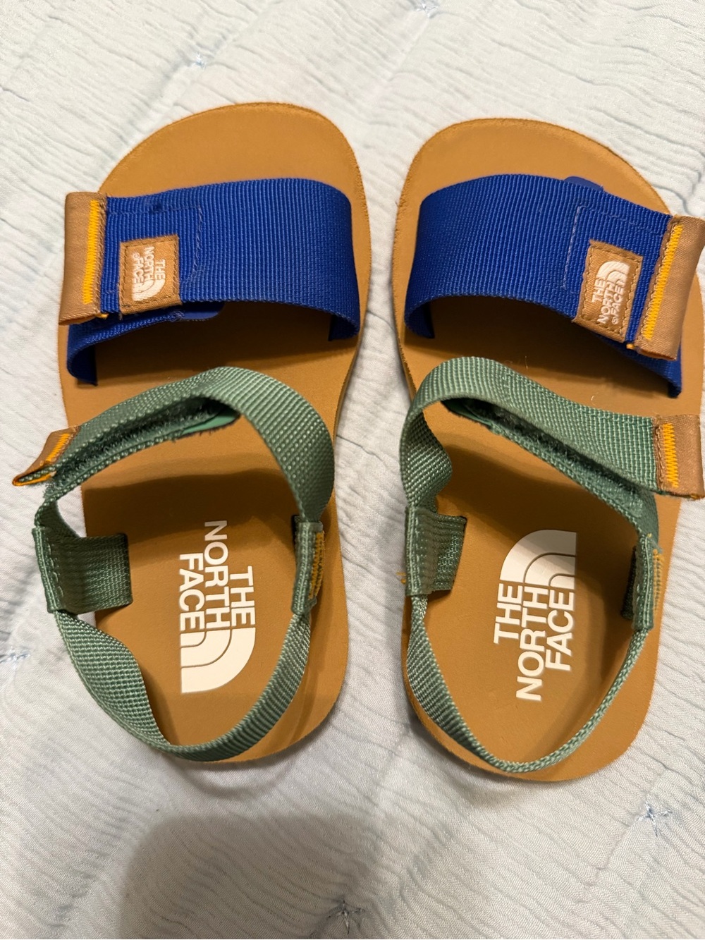The North Face Kids Blue and Green Strap Sandals with Tan Footbed